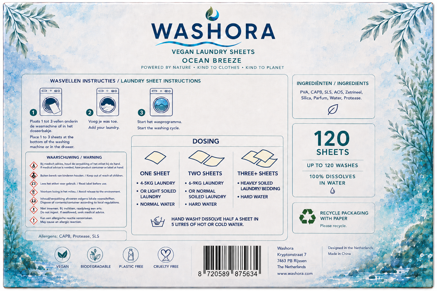 Voor- en achterkant van de Washora Ocean Breeze verpakking